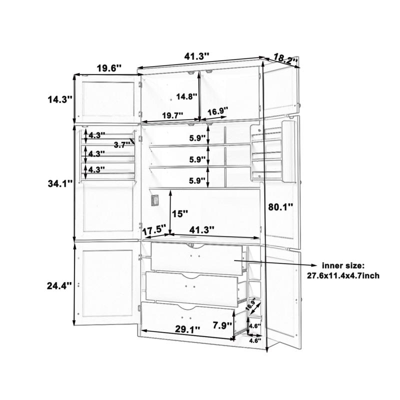 80" Tall Kitchen Pantry Cabinet with 2 Power Outlets, 41" W Modern Large Freestanding Cupboard with Microwave Stand, Drawers, Adjustable Shelves, Wine Racks & Door-Shelf for Dinner Room, White