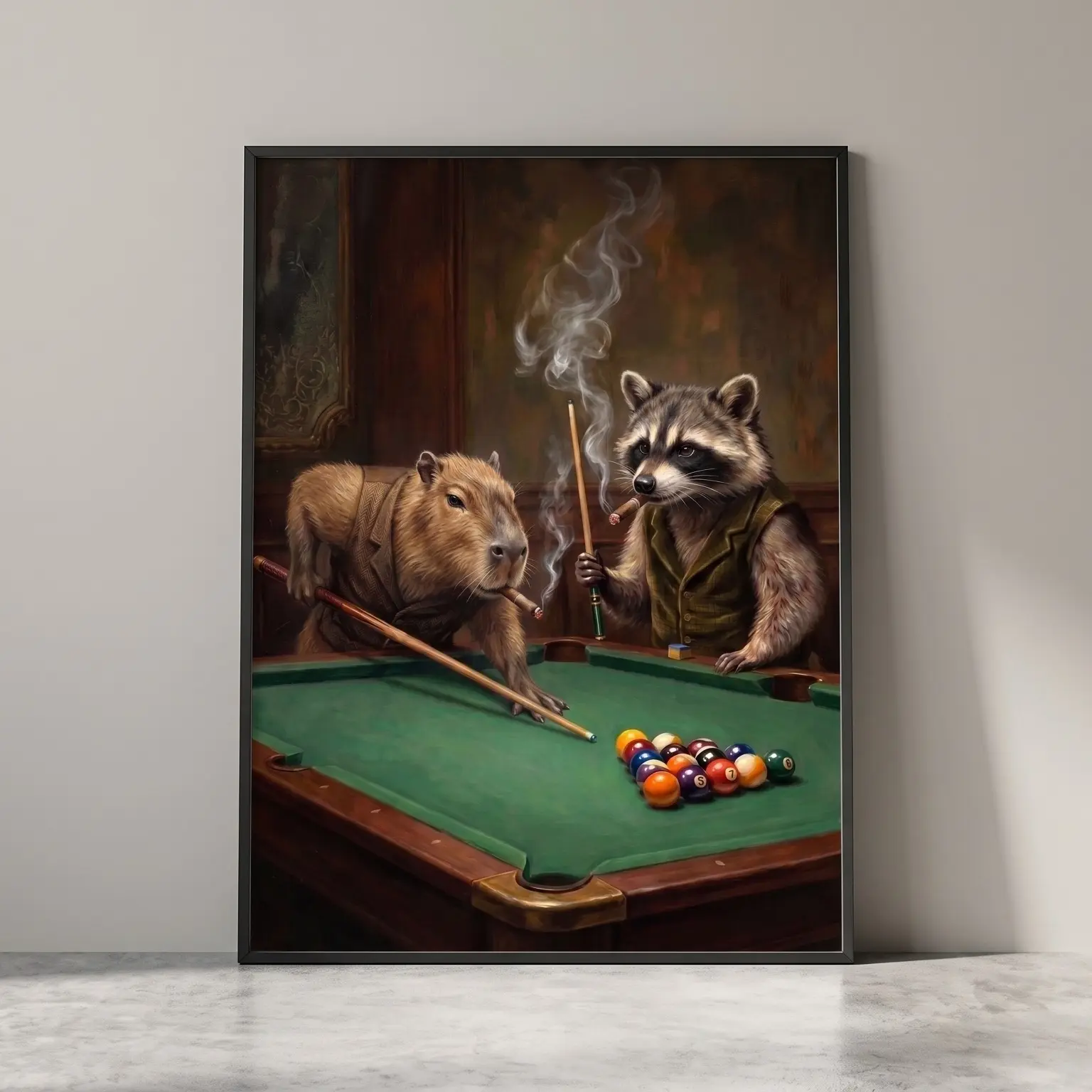 Capybara and Raccoon Playing Pool Poster Funny Cigar Animals Wall Art, Vintage Billiards Oil Painting Print, Quirky Game Room Bar Decor, Unframed Poster Print for Man Cave Living Room