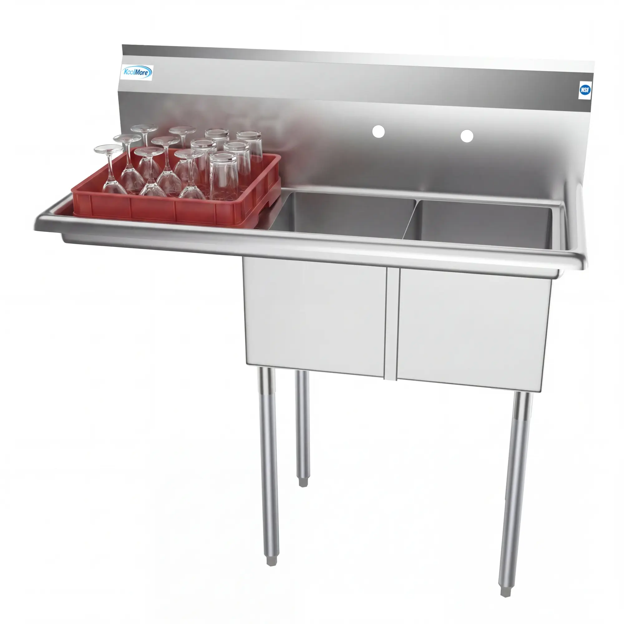 43 in. Two Compartment Stainless Steel Commercial Sink with Drainboard, Bowl Size 12"x 16"x 10" SB121610-16L3.