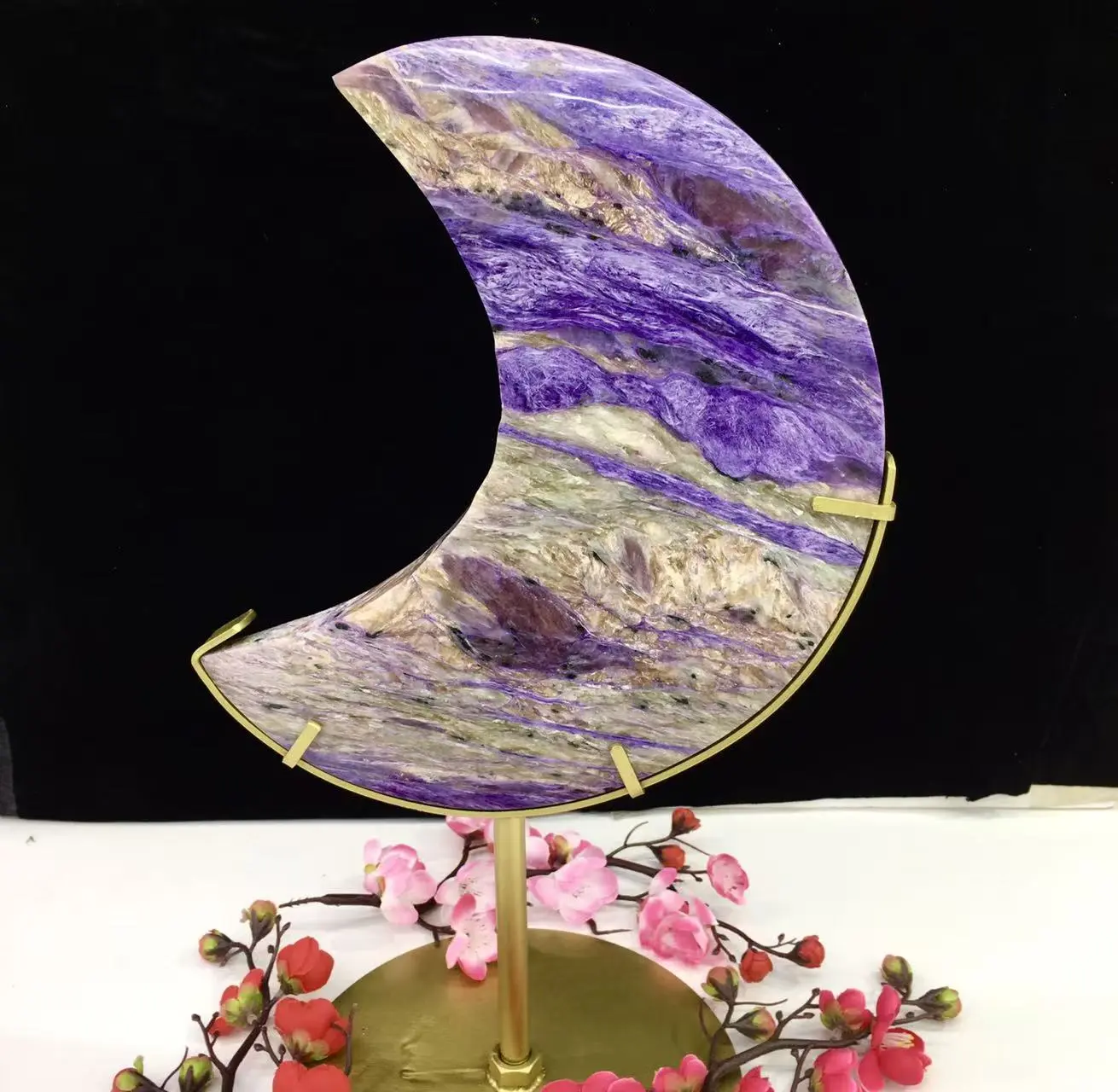 Natural Crystal Large Charoite Moon Ornament, Home Decor Collectible for Crystal Accessory Collections, Collectibles, Decorative, Charoite Crystal