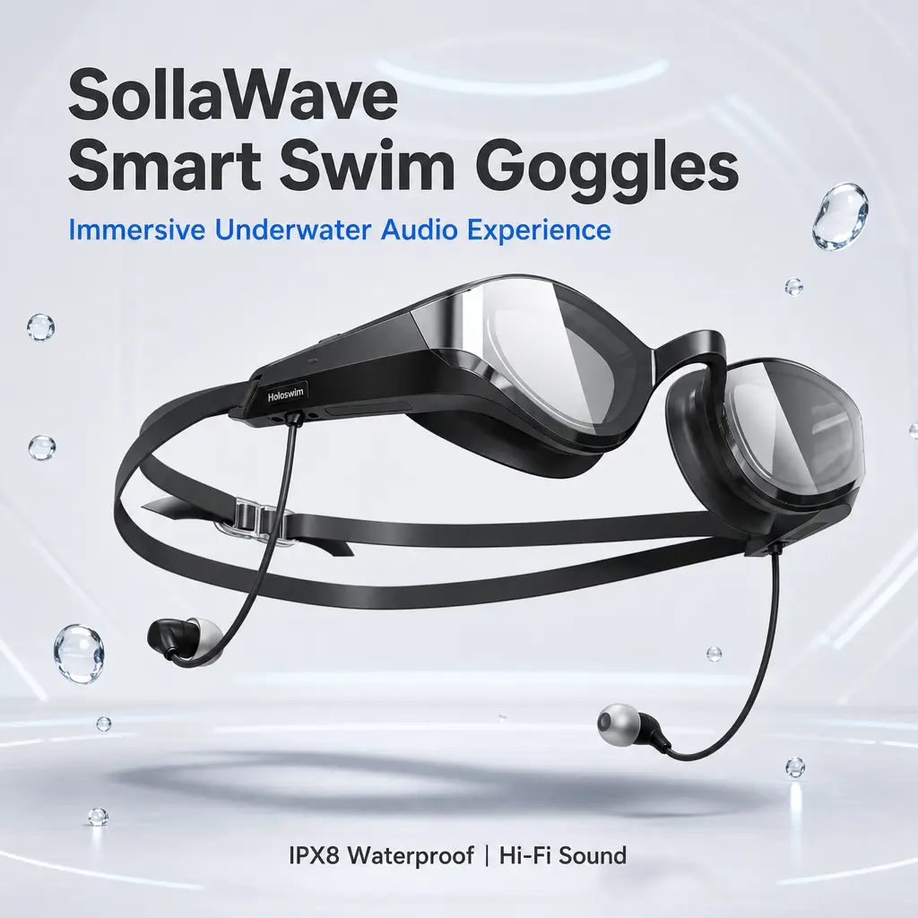 HoloSport SollaWave Smart Swim Goggles with Music & AI Voice Coaching, IP68 Waterproof MP3 Headphones, Anti-Fog UV Protection