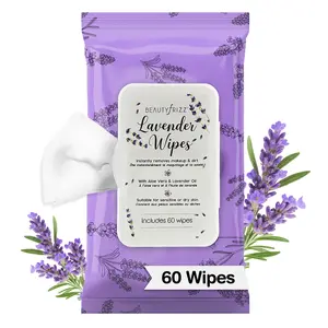 BeautyFrizz Lavender Face Wipes - Gentle Makeup Remover Wipes for Women - Anti-Aging Facial Cleansing Wipes with Aloe, Castor Oil, Hyaluronic Acid, Vitamin A and E - Extra Soft - Moisturizing Wipes -  Hydrating - 60 pcs