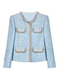 Women's Beaded & Rhinestones Decor Tweed Jacket, Elegant Fashion Casual Single Breasted Outerwear for Daily Outdoor Wear, Women Clothing for Spring Fall
