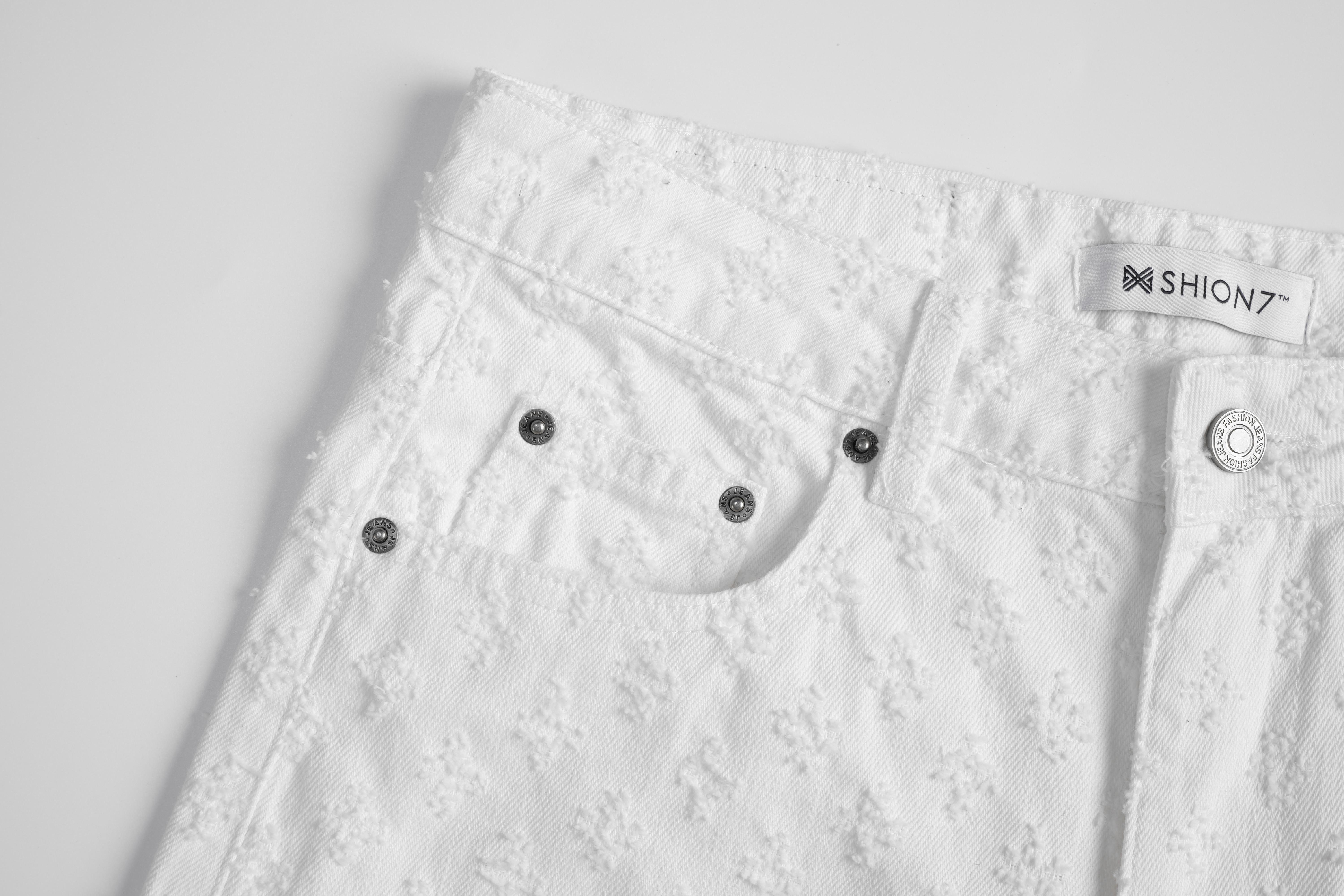 Fashion White Jacquard Denim Shorts Men, Ripped Holes Straight Leg Summer Casual Clean Fit Pants