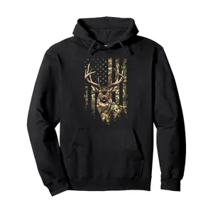 Deer Hunting Camouflage Flag Outdoor Wilderness Apparel Pullover Hoodie - Front & Back Pullover Hoodie - Classic Black Hooded Sweatshirt - Timeless Appeal - Fashionable for All