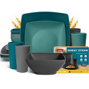 16- Plastic Wheat Straw Square Dinnerware Set for 4, Unbreakable Dinner Plates, Salad Plates, Snack Bowls, Tumblers 13.5 oz, Dishwasher Safe, Kitchen Outdoor RV Dish, Coastal Multicolor