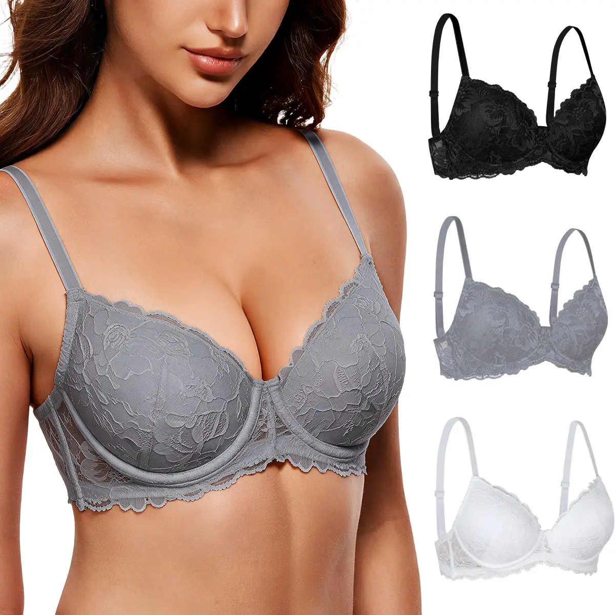 TryWish Women's Underwire Lace Trim Push Up Bras - 1/3 Pack, Feminine Flower Style, Comfortable Fit, Everyday Casual Wear Elegant Underwear