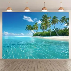 1pc 2D Flat Vibrant Tropical Paradise Wall Hanging - Stunning Hawaiian Coconut & Palm Tree Design, Durable Polyester Decor for Parties and Events, Multiple Available, Easy to Hang, and Fade-Resistant