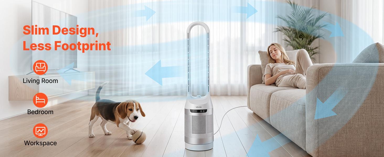 【BackToSchool】VEVOR Bladeless Tower Fan, 65° Oscillating Standing Fan, 12 Speeds & 4 Modes & 8H Timer, 14.76 ft/s High Velocity Floor Air Circulator, Powerful Airflow for Bedroom, Living Room, Home, Office, White