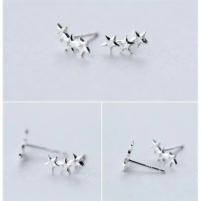 925 Sterling Silver 3 Stars Ear Stud Climber Crawlers Stud Earrings Gift S4