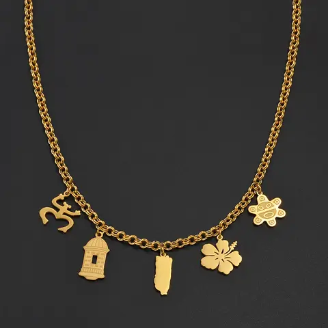 1Pc Puerto Rico Map Flowers Masks Frog Traditional Symbol PR Hibiscus Necklaces Dainty Boho Pendant Dangling Charms Necklace For Women Boho Style Jewelry Stainless Steel Jewelry