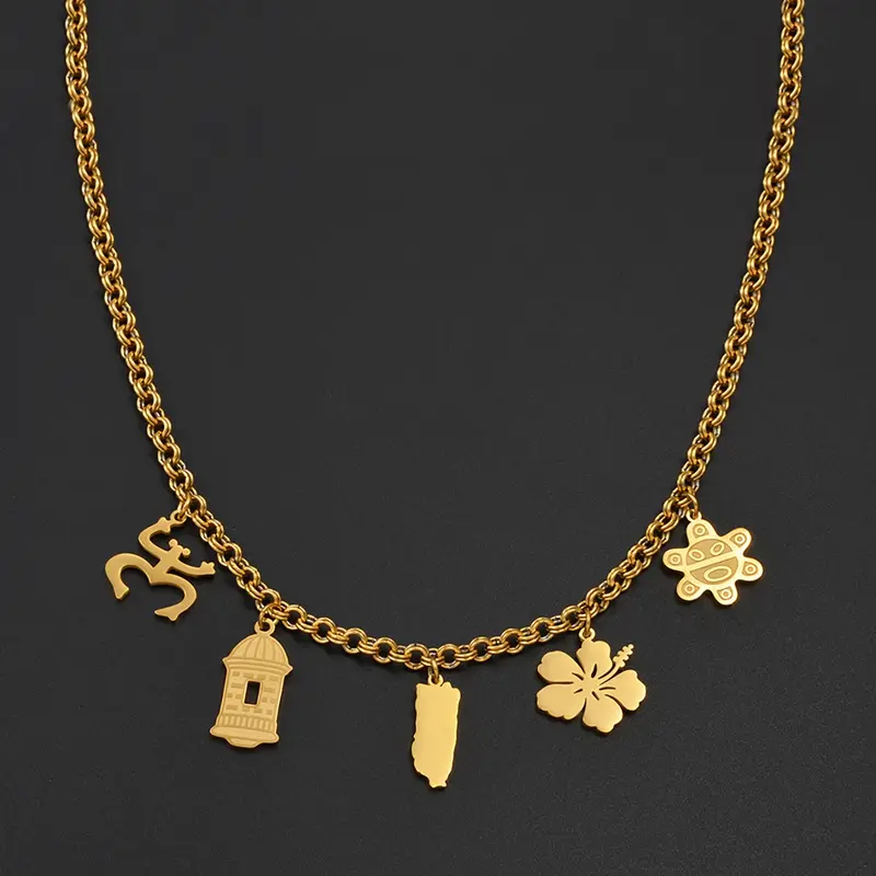 1Pc Puerto Rico Map Flowers Masks Frog Traditional Symbol PR Hibiscus Necklaces Dainty Boho Pendant Dangling Charms Necklace For Women Boho Style Jewelry Stainless Steel Jewelry