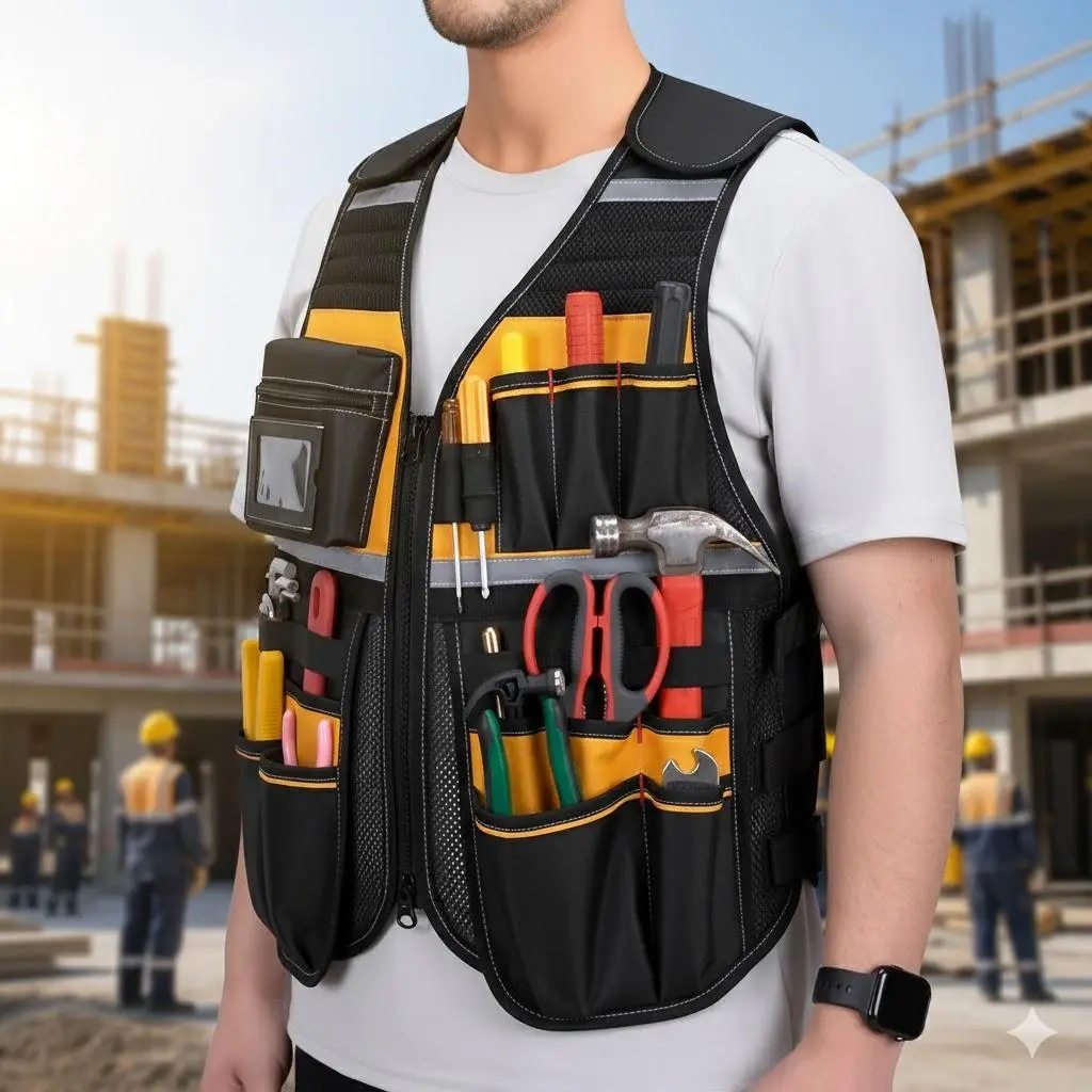 Heavy Duty Multi-Pocket Work Vest: Durable Tear-Resistant & Breathable with Reflective Strips. Professional Tool Organizer for Construction, Gardening, Auto Repair, Carpentry & Electrical Tasks. Water-Resistant Gear Vest for Mechanics & Technicians.