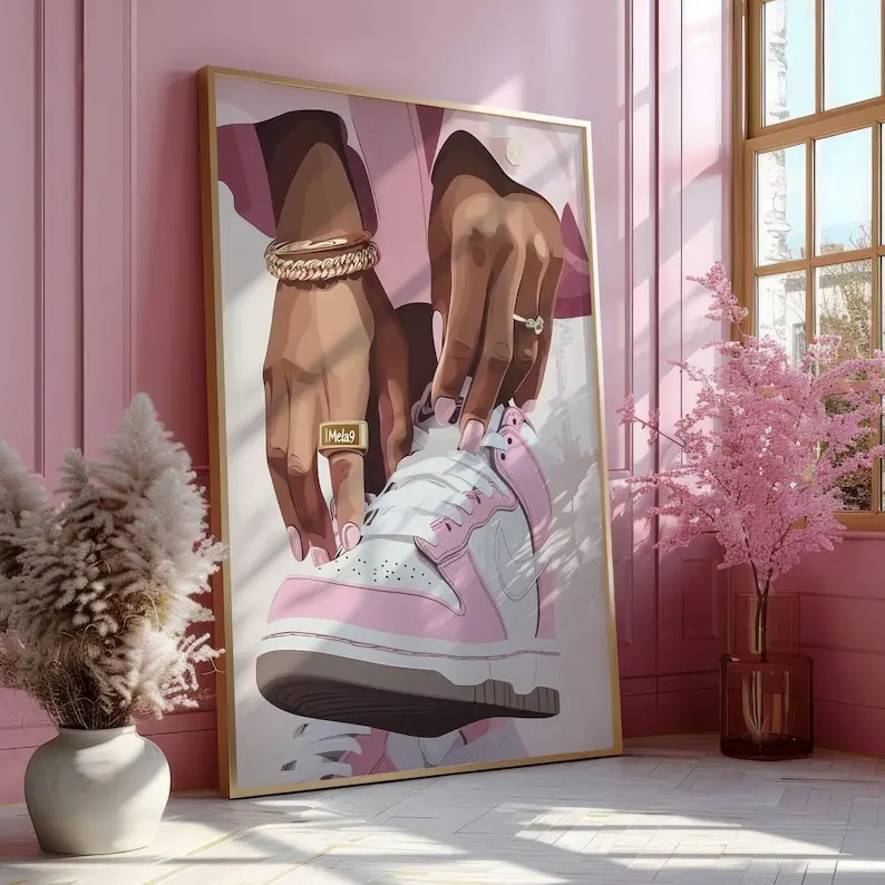 Women's Black Vintage Sneaker Wall Art Poster - Artistic Retro Multi-Size Graphic Photo Paper Print, Hand-Taped Blush Pink Bedroom Decor, Sneakerhead Artwork, 24x36in/27x40in Long-Lasting Vintage Wall Art
