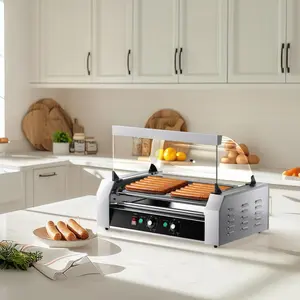 Commercial Hot Dog Roller 7 Roller Machine Glass Lid Stainless Steel 550W for Home Restaurant Counter Party Snack Stand  HDM7R01 bun toaster