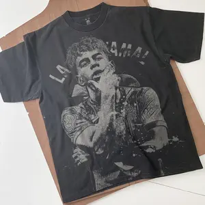 [SALE UP TO 50%] Women's Soft Cotton Short-Sleeve Lamine Yamal Graphic T-Shirt - Handmade Bleached Faded Black Vintage Soccer Tee, Relaxed-Fit Unisex Streetwear, Casual Football Fan Outfit