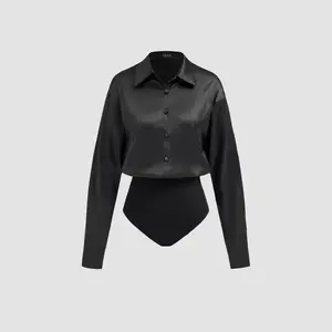 Cider [3 colors, size 2-10] Satin Collar Solid Long Sleeve Blouse Bodysuit