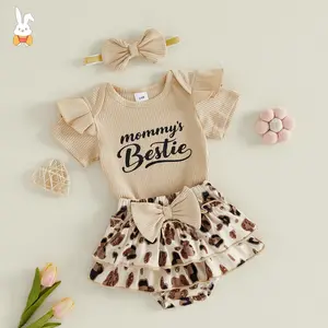Baby Girl Summer Outfit Cute Short Sleeve Letters Print Romper With Leopard Print Skort, Headband 3pcs Set