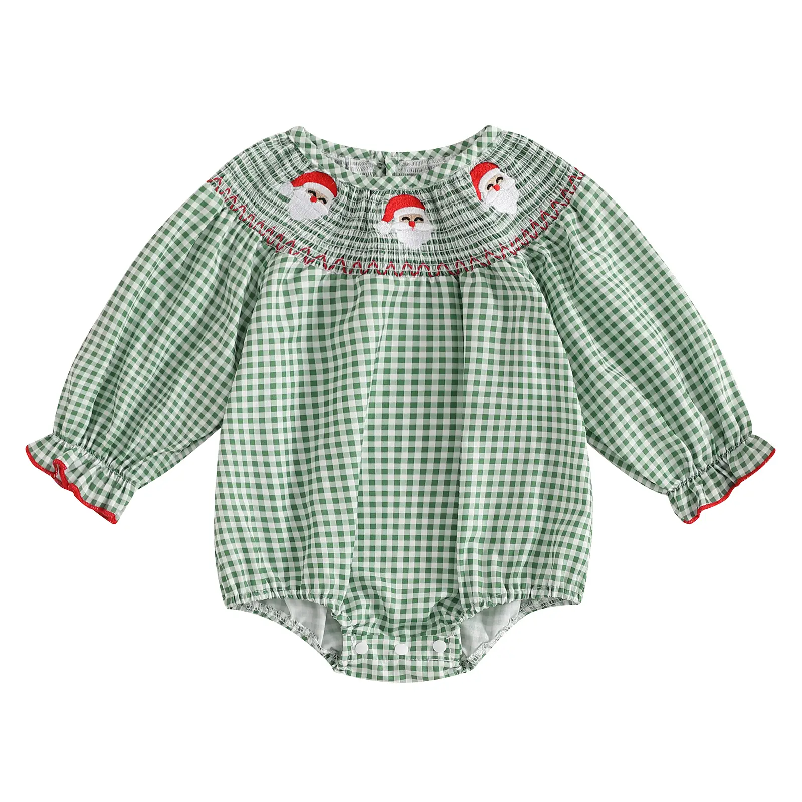Newborn Baby Girl Christmas Outfit Long Sleeve Romper Santa/Gingerbread Man Embroidered Smocked Round Neck Plaid Onesie Bodysuit Cute Infant Girl Fall