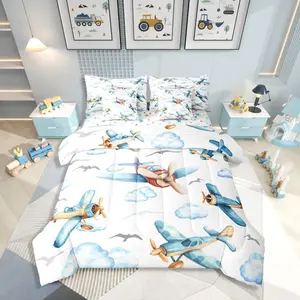 Boys Cartoon Propeller Plane 7 Pcs Bedding Set,Aircraft Airplane Comforter Set with Sheets,Blue Clouds Bed in A Bag for Kids Girls Adults Bedroom,Flying Birds Animals Bed Sets