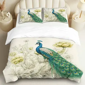 3PCS Duvet Cover Set, 1 Duvet+2 Pillowcases(Without filler), Peacock Floral Elegant Nature Art Theme, Spring bedding set, Luxury Comfortable Suitable for decoration Bedroom Living Room Guest Room Lounge.