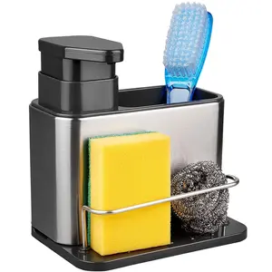 Kitchen Sink Soap Dispenser Set, Stainless Steel Pump + Sponge Holder + Drain Rack, Rust-Resistant Design, Ideal for Kitchen Counter Organization, Soap Canister