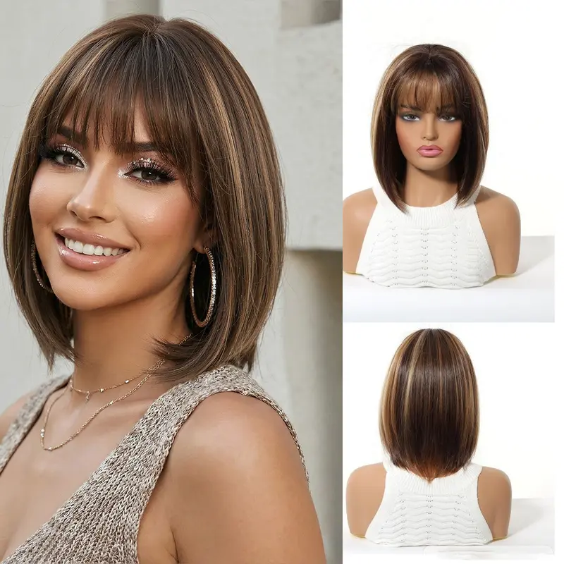 Women's 12in Short Straight Heat Resistant Synthetic Fiber Wig - Full Machine-Made Balayage Asymmetrical Bob with Air Bangs, Linen Golden Brown Ombré, Chocolate Brunette & Brown Gray Highlights, Realistic