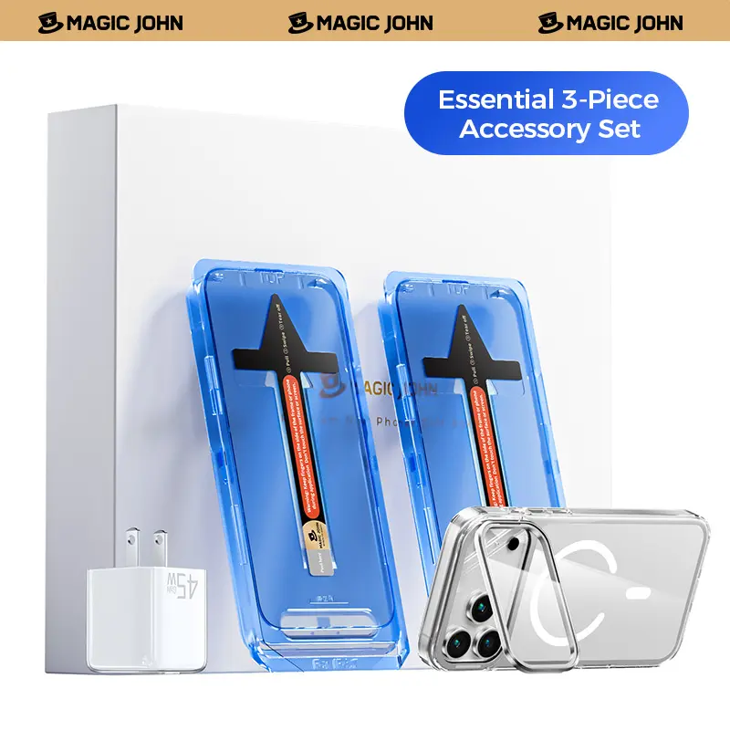 MAGIC JOHN Accessory Gift Set for iPhone 17/Air/Pro/Pro Max-Includes HD&Privacy Screen Protector, Camera Cover Stand Case, and 45W Fast Charger