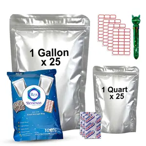 Renexas Mylar Bags 50 Pcs For Food Storage With Oxygen Absorbers | Airtight Resealable Foil Pouches For Long Term Storage, Reusable ziplock Bags pack of 1 gallon(25pcs) and 1 quart (25pcs)