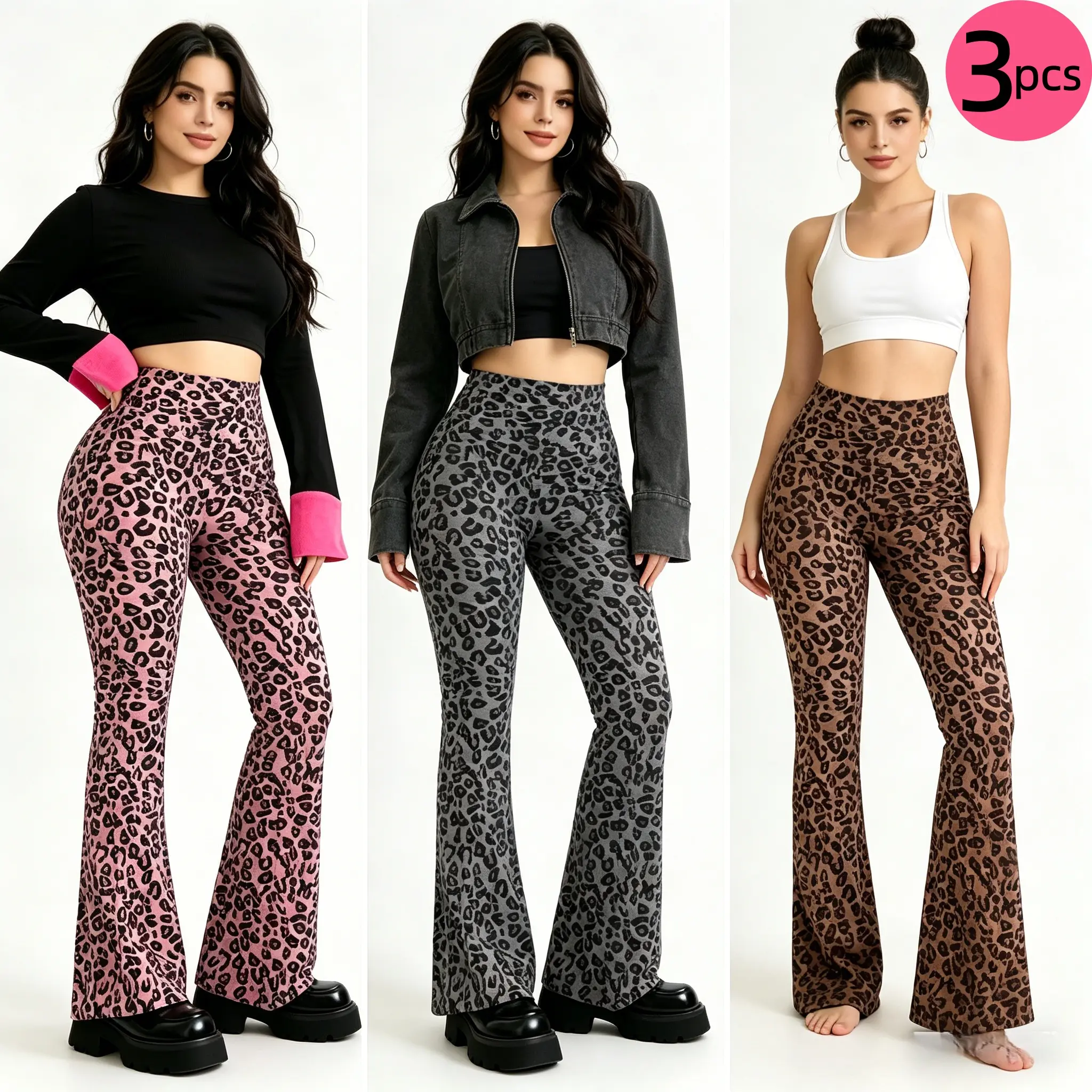 3 Pack Yoga Pants, Leopard Print Leggings, Flare Yoga Pants, Curvy Workout Pants, High Waisted Tummy Control Leggings, Butt Lifting Activewear, Plus Size Leopard Pants, Gym Leggings for Women, Stretch Flare Pants, Y2K Streetwear Pants, 3-Pack Activewear