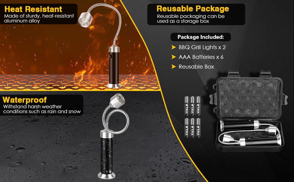 Must Have BBQ Accessories - [2 Pack] Waterproof & Heat Resistant Grill Light, 360° Gooseneck, Magnetic Work Light for Camping, Cooking, Fishing - Gift Box, Batteries Included