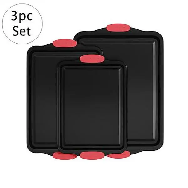 Hastings Home 3pc Nonstick Cookie Sheet Set With Silicone Handles Hastings Home 3pc Nonstick Cookie Sheet Set With Silicone Handles