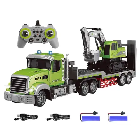 1:12 Latex-Free 6-Channel 2.4Ghz Remote Control Flatbed Semi-Trailer Truck & Excavator Toy Set, RC Construction Vehicle with Sound & Light Effects, Cool Gifts for 8-10 Years Old Kids, RC Cars