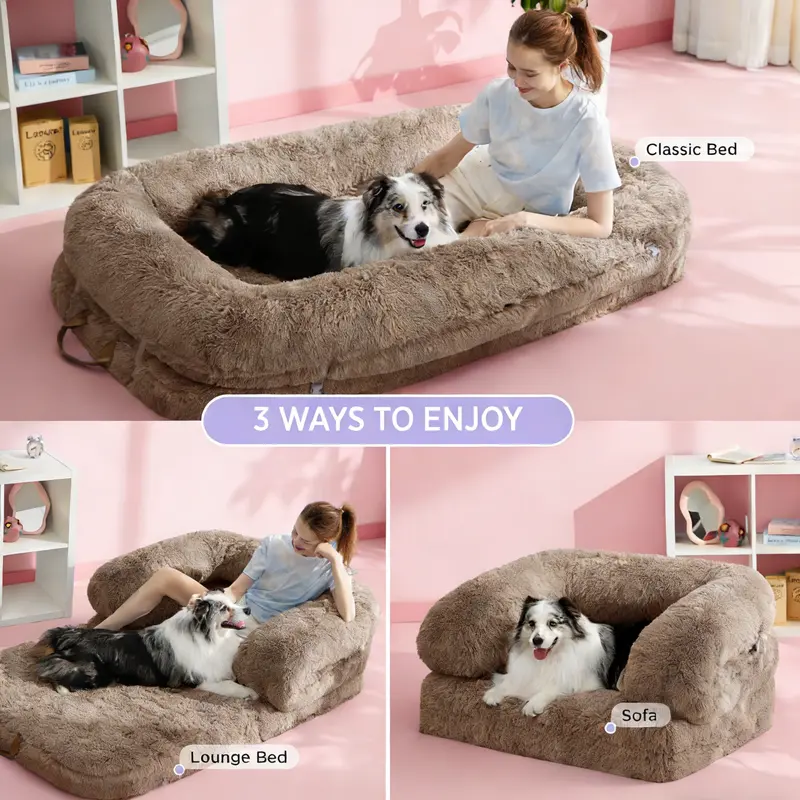Lesure Luxury Warm Foldable 3-in-1 Flexible Giant Human Dog Bed Cozy Fluffy Faux Fur Lounge Sofa with Supportive Bolster Egg Foam Soft Plush Calming Orthopedic Bed for Winter Comfort Classic Lounge Sofa Options Valentine’s Day Choice