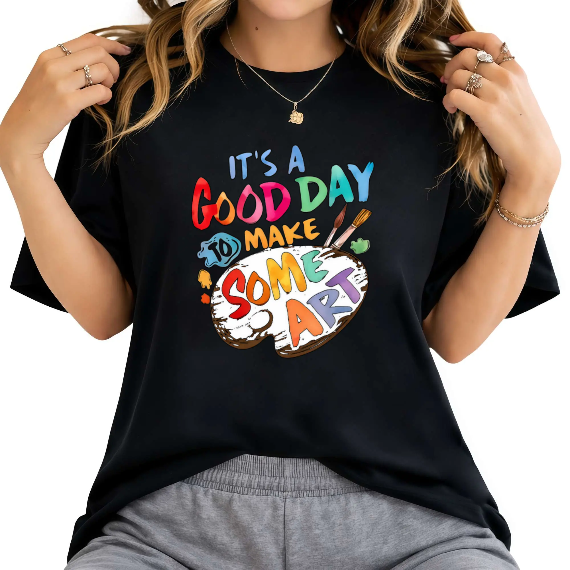 Womens Retro ItS a Good Day to Make Some Art Graphic TShirt Artistic Design with Paint Palette Brushes Round Neck Casual Tee for Artists Teachers Creative Gifts AllSeason Comfori01Crew Neck Short Sleeved Top Suitable for All Seasons Casual Cotton Womenswe