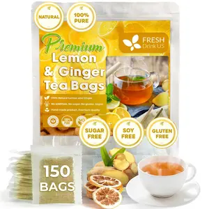 150 Lemon Ginger Tea Bags, 100% Natural Ingredients, Hand-made Blend of Lemon and Ginger Flowers, Eco-conscious Tea Bags. Lemon Ginger Herbal Tea. No Sugar, No Caffeine, No Gluten, Vegan. tea blends