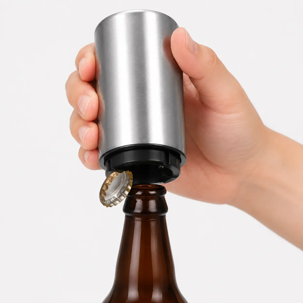 Premium Automatic Stainless Steel Drink Bottle Opener (1pc) - Magnet Push-Down Design, Magnetic Cap Catcher, No Cap Damage, Portable Bar Utensil for Home, Picnic, Birthday Gifts, Utensils
