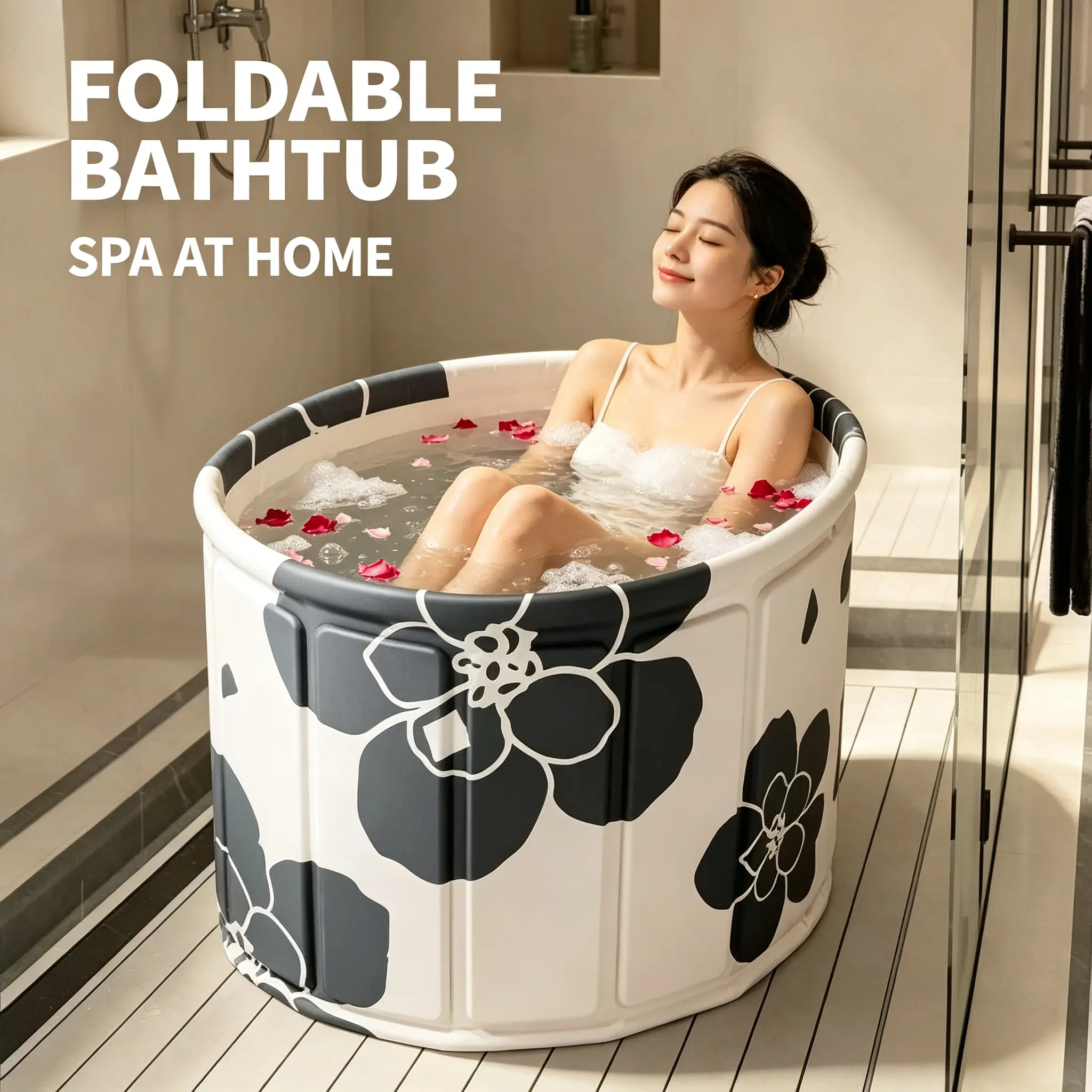 Adult Foldable Soaking Bathtub - Compact, Freestanding Fit, Portable, Modern, Patterned Look Collapsible Home Spa Tub with 3 Styles for Small Bathrooms, Camping (Sports & Outdoor, Personal Care Use)