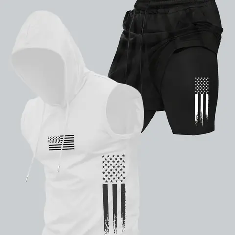 Two-Piece Set Men's American Flag Print Hooded Tank Top & Shorts Set, Regular Fit Casual Athletic Activewear, Casual Gym Wear, Athletic Workout Clothing, Athletic Workout Outfit