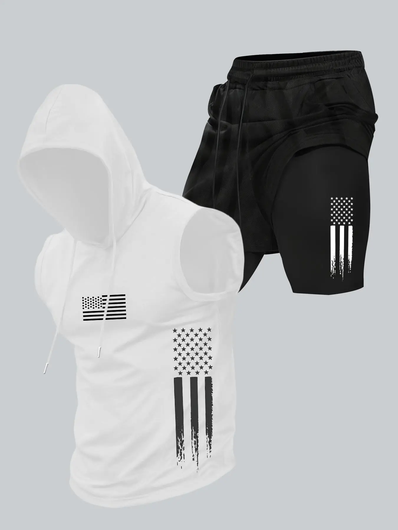 Two-Piece Set Men's American Flag Print Hooded Tank Top & Shorts Set, Regular Fit Casual Sleeveless Top & Shorts, Men's Summer Clothes