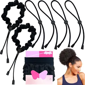 6 count Black Large Adjustable Length Satin Hair Ties for Afro Puff, Heavy and Curly Hair, Silk Soft Ponytail Holders -  for Medium to Thick Hair