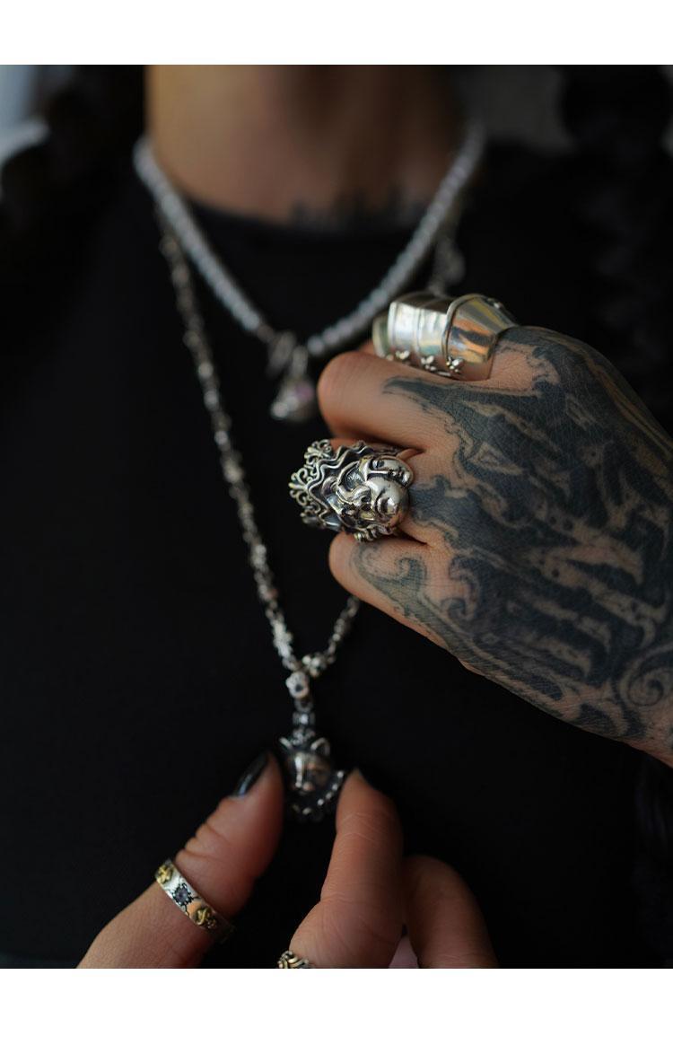 Vintage Gothic Dual Face Crown Open Ring Human Duality Aesthetic Silver Jewelry