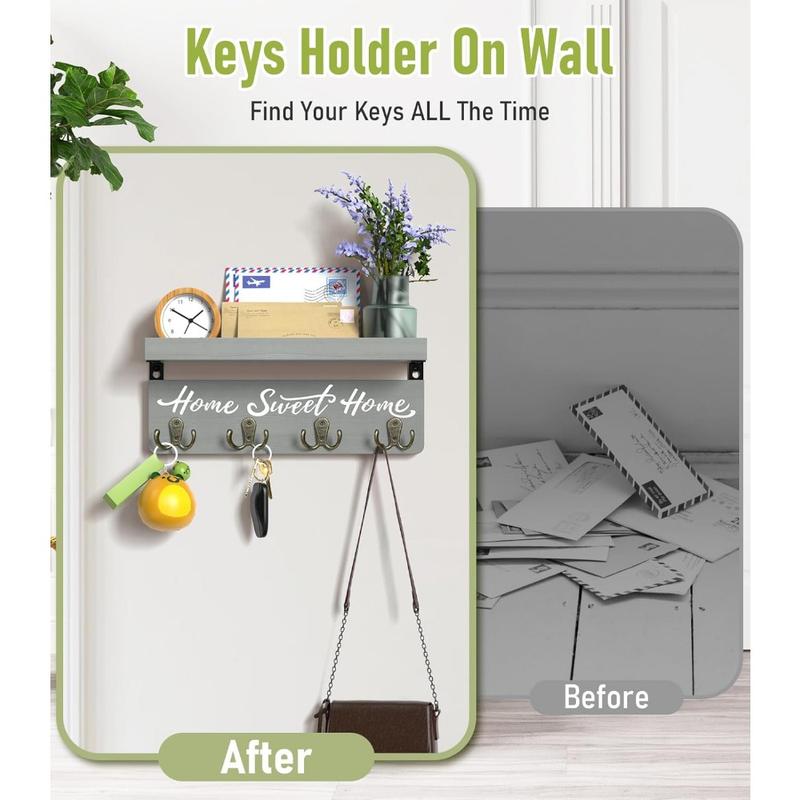 Wall-Mounted Key and Mail Holder, Wooden Key Rack With 4 Double Key Hooks, Rustic Home Decor for Entryway (Gray)