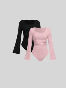 Women's Solid Basic Long Sleeve Bodysuit, Womenswear Casual Comfy Bodysuit for Daily Wear, Ladies Clothes for All Seasons