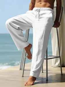 Men’s casual long pants, 1-pack. Comfortable, breathable fabric suitable for outdoor beach parties. Loose-fit outdoor casual drawstring pants—trendy, mature, versatile, solid color, straight cut, ideal for travel.