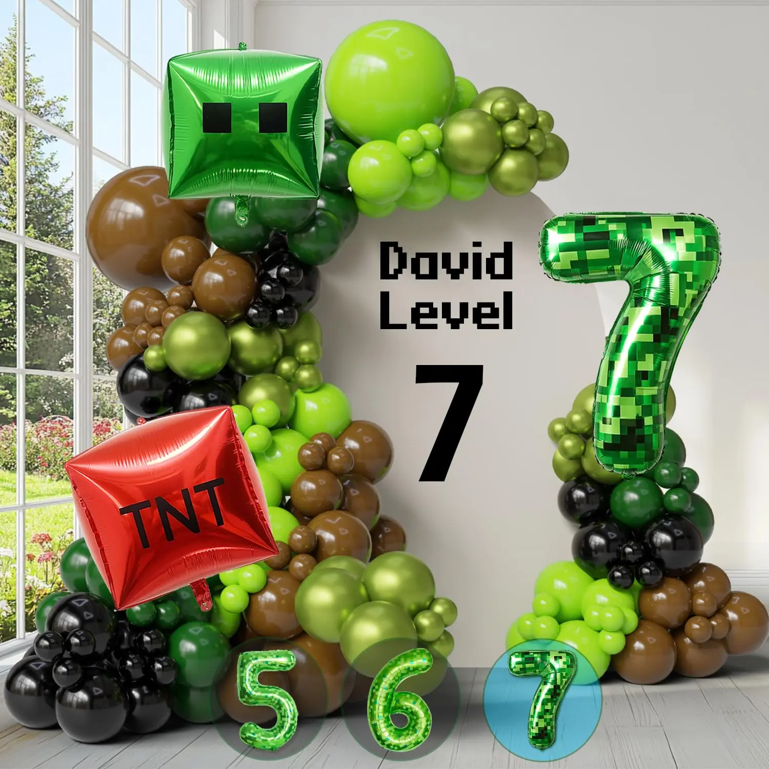 Gamer Balloon Arch Kit 134pcs Pixel Green Brown Number 7 Birthday Party Decor