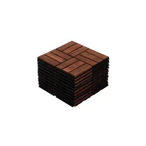 Acacia Wood Interlocking Deck Tiles Checker Pattern, 10PCS 12" x 12" Square Brown Acacia Hardwood Outdoor Flooring for Patio, Bancony, Pool Side