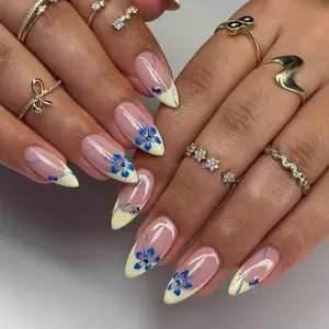 Elegant Spring Floral Nails, Pastel Floral French Tip Press On Nails, Butter Yellow Summer Nails, Blue Blossom Nail Art, Daily Summer Nails