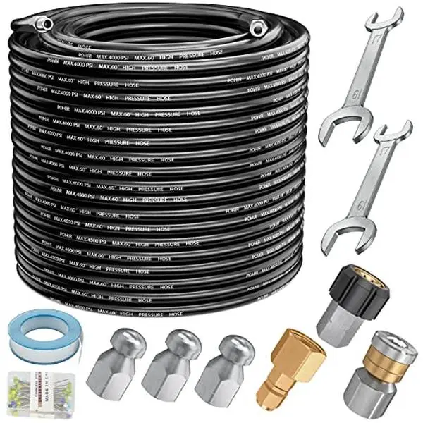 Sewer Jetter Kit for Pressure Washer, 1/4 Inch NPT Jet Drain Cleaner Hose with Rotating & Button Nose Nozzles, 4000 PSI Power Tool for Plumbing Maintenance