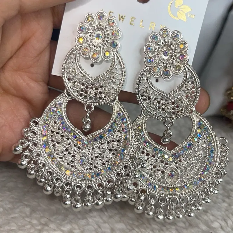 Silver Plated White Stone Chandbalis Jhumka Jhumki Earrings for Women Girls Bridals Models High Quality Jewelry